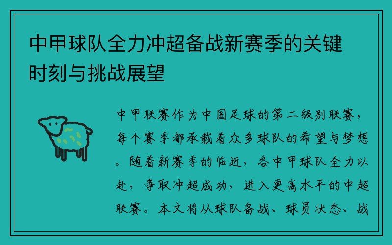 中甲球队全力冲超备战新赛季的关键时刻与挑战展望