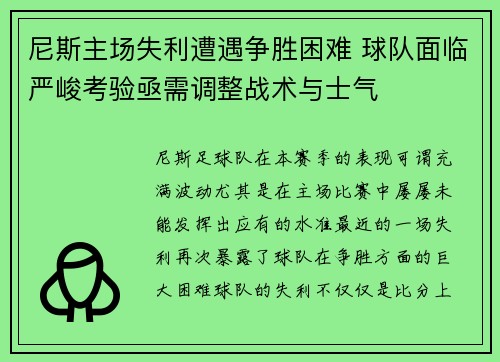 尼斯主场失利遭遇争胜困难 球队面临严峻考验亟需调整战术与士气