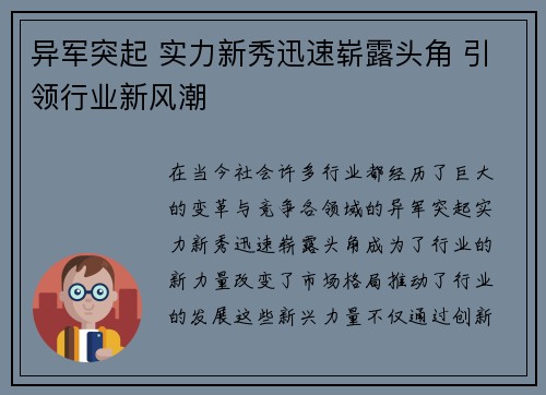 异军突起 实力新秀迅速崭露头角 引领行业新风潮