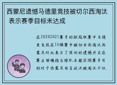 西蒙尼遗憾马德里竞技被切尔西淘汰 表示赛季目标未达成