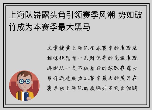 上海队崭露头角引领赛季风潮 势如破竹成为本赛季最大黑马