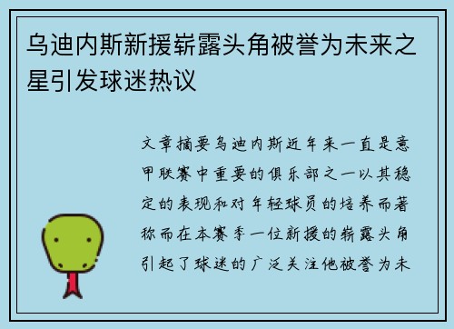 乌迪内斯新援崭露头角被誉为未来之星引发球迷热议