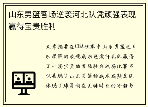 山东男篮客场逆袭河北队凭顽强表现赢得宝贵胜利