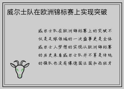 威尔士队在欧洲锦标赛上实现突破