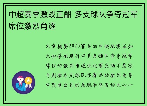 中超赛季激战正酣 多支球队争夺冠军席位激烈角逐