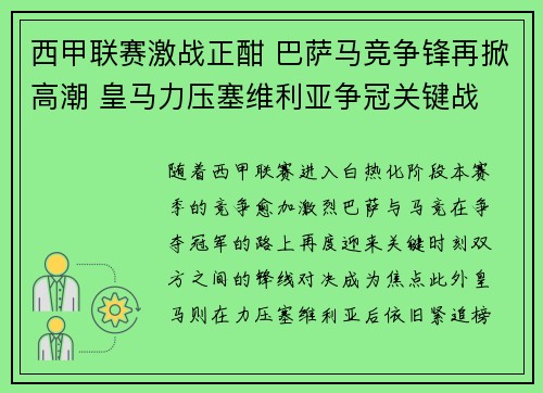 西甲联赛激战正酣 巴萨马竞争锋再掀高潮 皇马力压塞维利亚争冠关键战